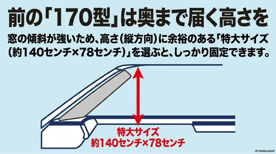 170系シエンタの強いガラス傾斜に対応する特大サイズの寸法目安（約140cm×78cm）