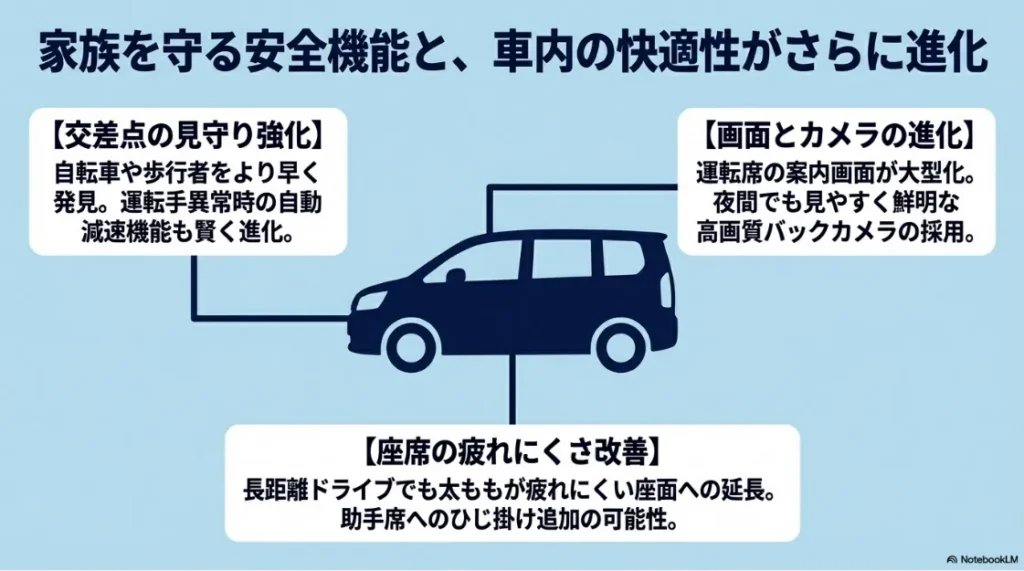 交差点の見守り強化、画面の大型化、高画質バックカメラ、座面の延長など、2026年型シエンタで進化する安全・快適機能のまとめスライド