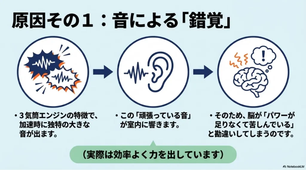 3気筒エンジンの音によるパワー不足の錯覚を説明するイラスト
