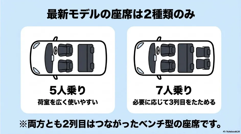 現行シエンタの5人乗りと7人乗りのシート配置を比較した図