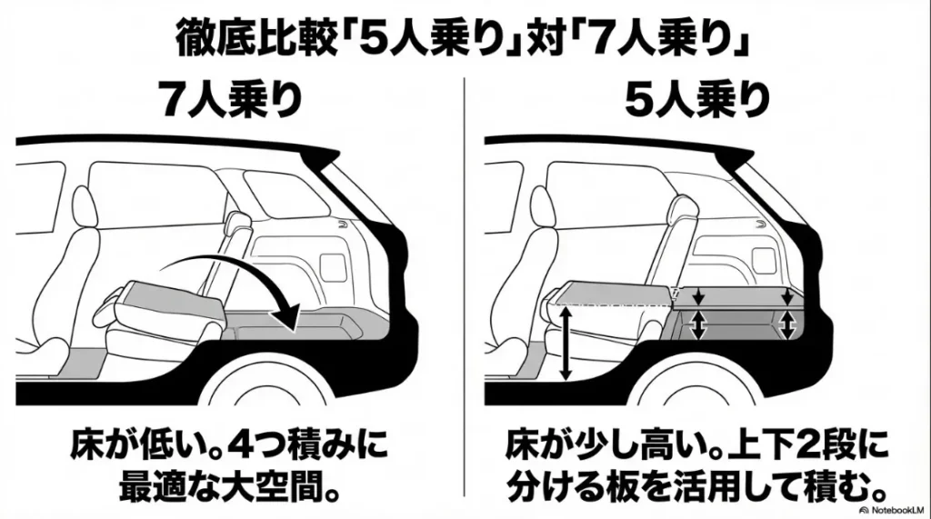 シエンタの5人乗り（低床・大空間）と7人乗り（床が少し高く、上下2段活用が必要）の積載性の違いを比較した図解