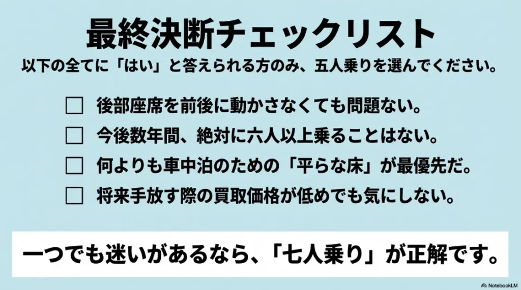 5人乗りを選んで良い人を判断するための最終決断チェックリスト