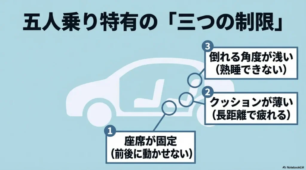 5人乗り特有の三つの制限（座席固定、クッションが薄い、倒れる角度が浅い）をまとめたリスト