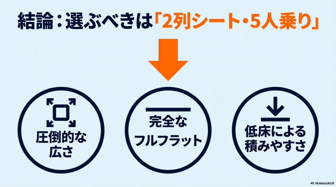 シエンタのトランポ選びで5人乗り仕様を選ぶべき3つの理由（圧倒的な広さ、完全フルフラット、低床設計）。