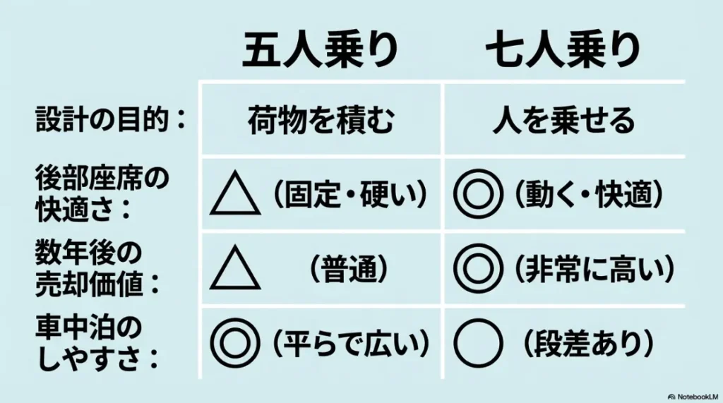 5人乗りと7人乗りの設計目的、快適さ、リセール価値、車中泊適正を比較した一覧表