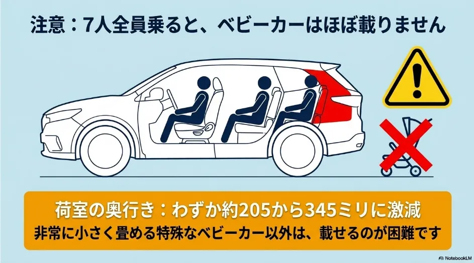 シエンタ7人乗りで3列目を使用すると荷室長が約205～345mmになり一般的なベビーカーの積載が難しくなる図