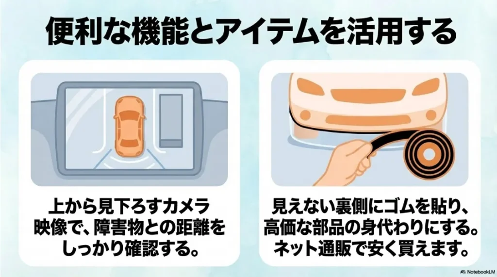 傷防止のラバープロテクターとパノラミックビューモニターを活用した対策方法