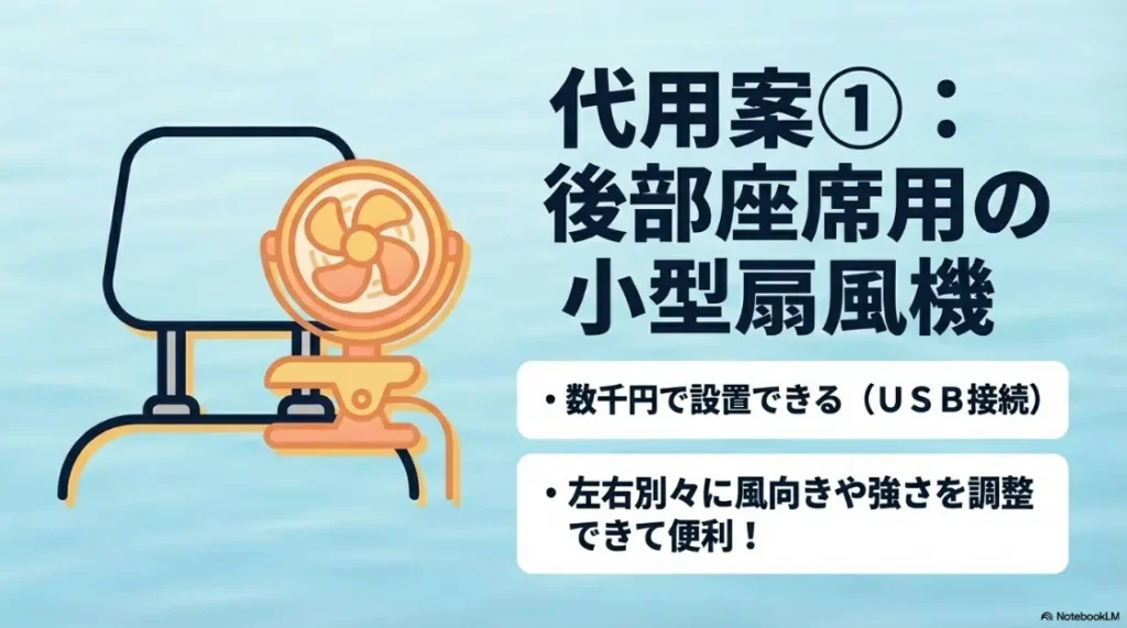 代用案として数千円で設置でき、左右個別に調整可能な後部座席用の小型扇風機