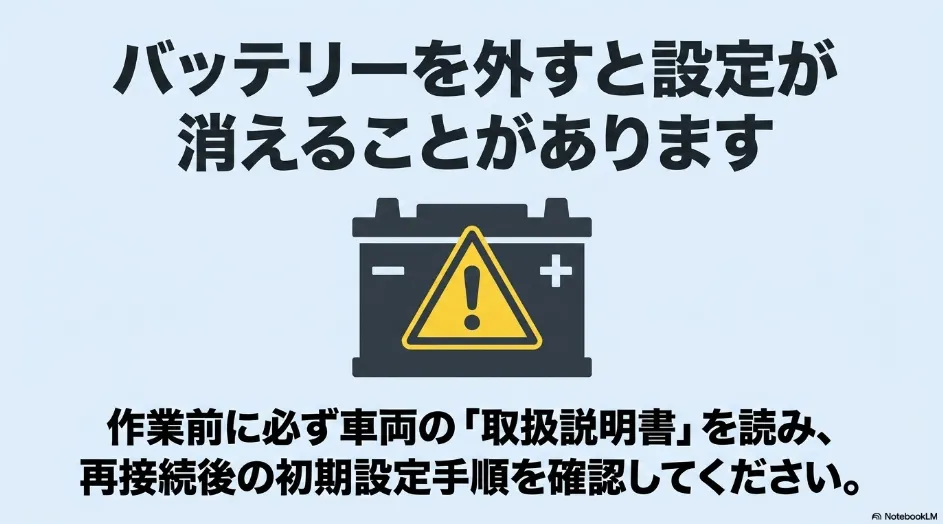 シエンタの補機バッテリーを外すと車両設定が消える可能性があることを示す注意図