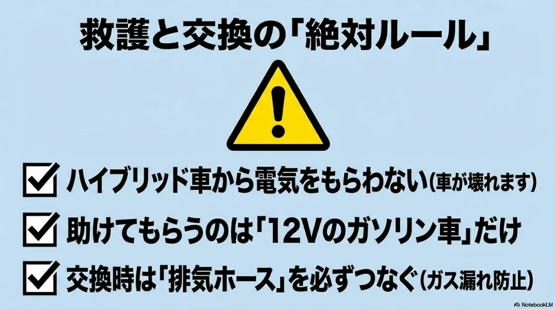 バッテリー救護と交換の絶対ルール。ハイブリッド車から電気をもらわない、交換時は排気ホースを必ずつなぐ等の注意書き。