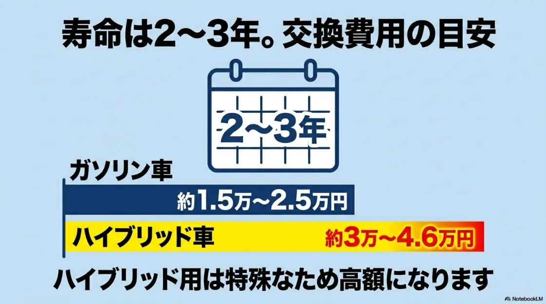 シエンタのバッテリー寿命と交換費用の目安。寿命は2〜3年。費用はガソリン車約1.5〜2.5万円、ハイブリッド車約3〜4.6万円の比較。