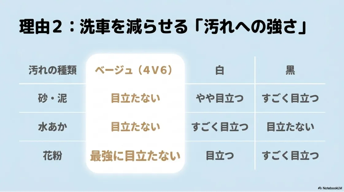 理由2：洗車を減らせる汚れへの強さ。ベージュ・白・黒のボディカラー比較表