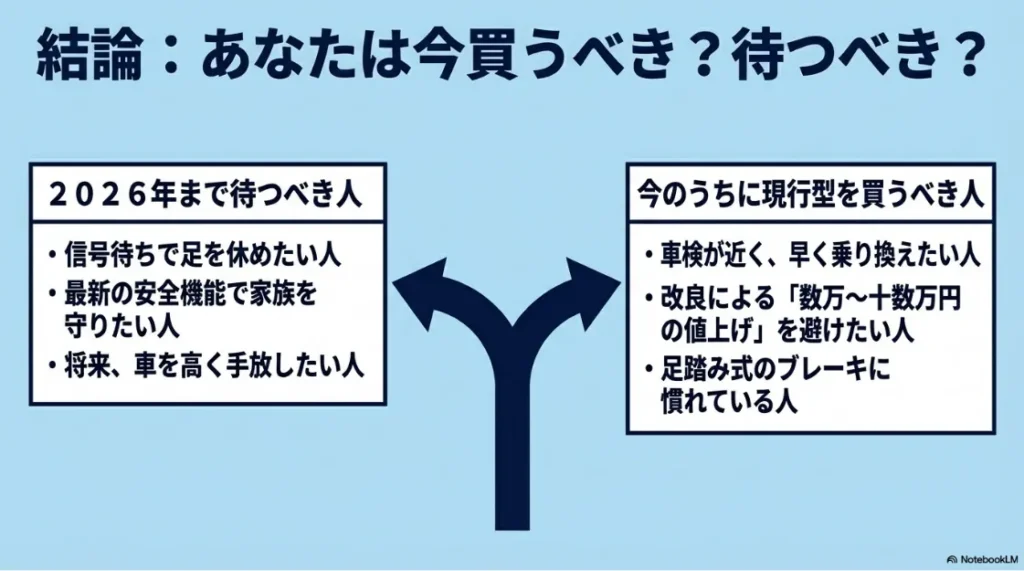 2026年まで待つべき人（足を休めたい・最新安全重視）と、今買うべき人（車検が近い・値上げを避けたい）の判断基準をまとめたチェックリストスライド