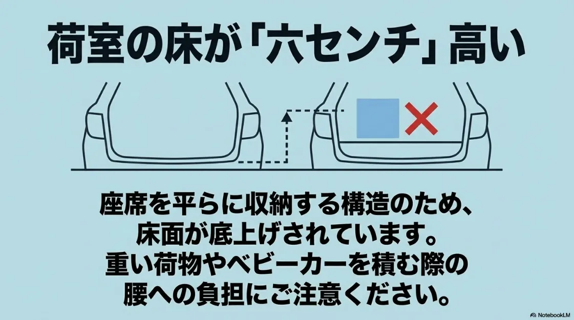 5人乗りモデルの荷室床面が7人乗りより6センチ高いことを示す比較図。腰への負担に注意を促す内容