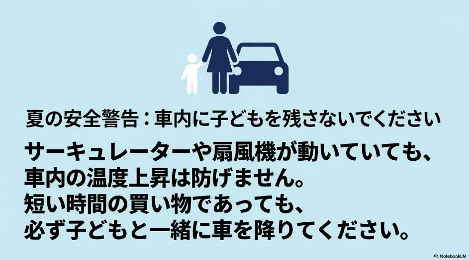 サーキュレーターや扇風機を使用していても夏の車内に子どもを残してはいけないことを伝える安全警告スライド