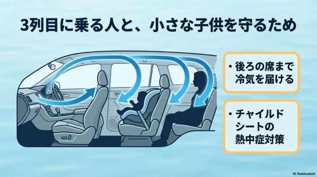 3列目の乗員やチャイルドシートの子供を熱中症から守るため、後方まで冷気を届ける循環イメージ