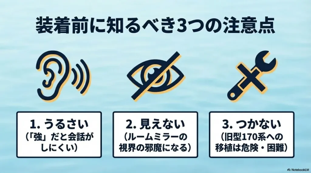 装着前に知るべき3つの注意点として、動作音、視界の邪魔、旧型への移植困難を挙げるスライド