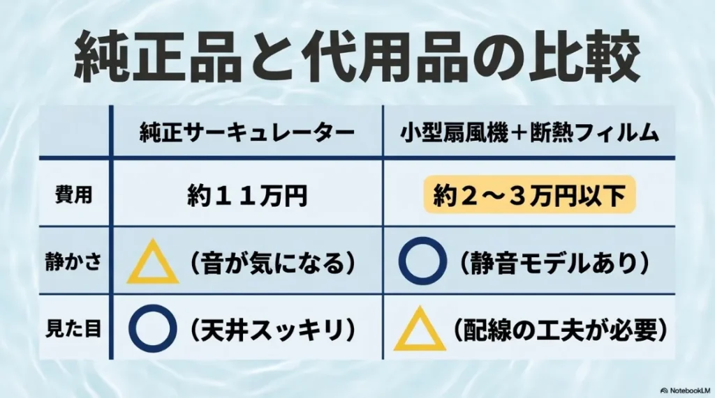 純正サーキュレーターと小型扇風機＋断熱フィルムの費用、静かさ、見た目の比較まとめ表