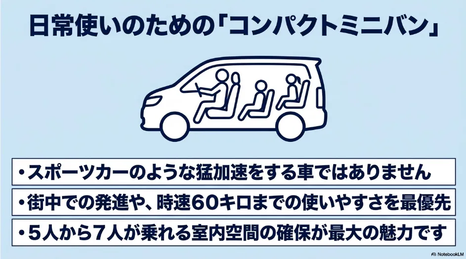 シエンタは猛加速を目的とする車ではなく、市街地での発進や日常速度域の使いやすさ、室内空間を重視したコンパクトミニバンであることを示す図
