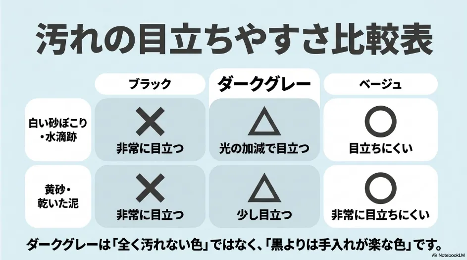 ブラック、ダークグレー、ベージュで白い砂ぼこりや水滴跡、黄砂、乾いた泥の目立ちやすさを比較した表