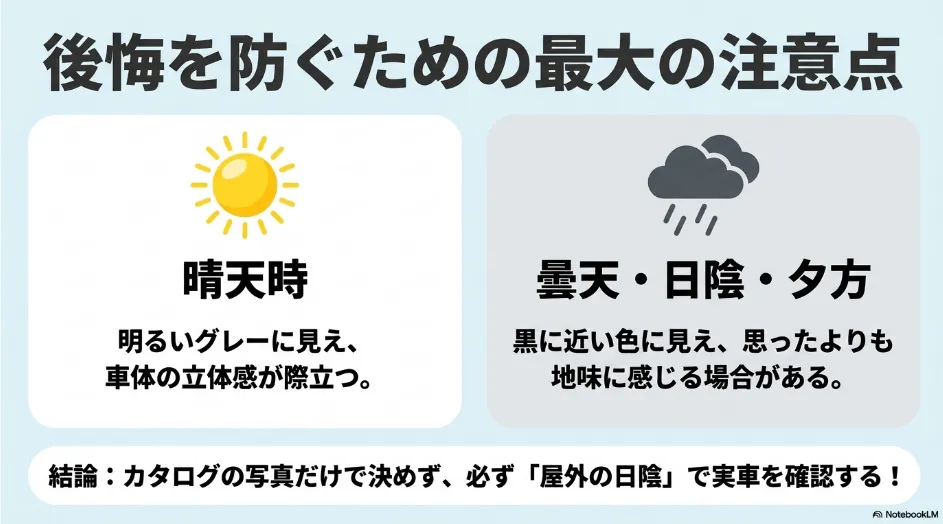 シエンタのダークグレーが晴天では明るく、曇天や日陰ではブラックに近く見える違い