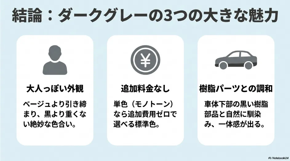 シエンタのダークグレーが持つ大人っぽい外観、追加料金なし、樹脂パーツとの調和という3つの魅力