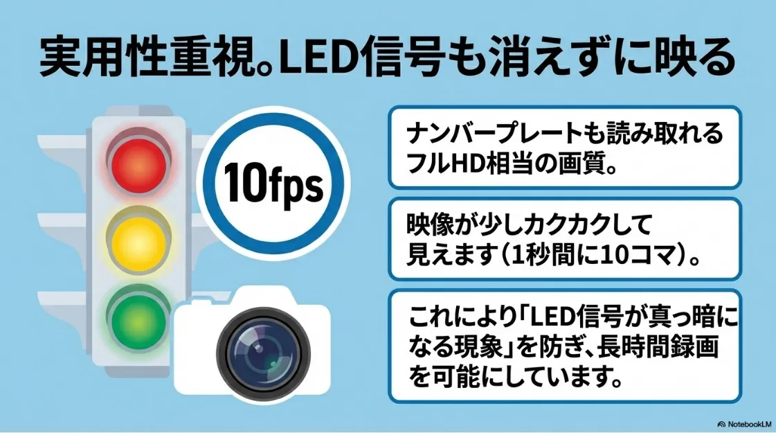 フルHD相当の画質と10fpsのフレームレートについての説明。LED信号の消灯現象を防ぎつつ、長時間の録画を可能にしています。