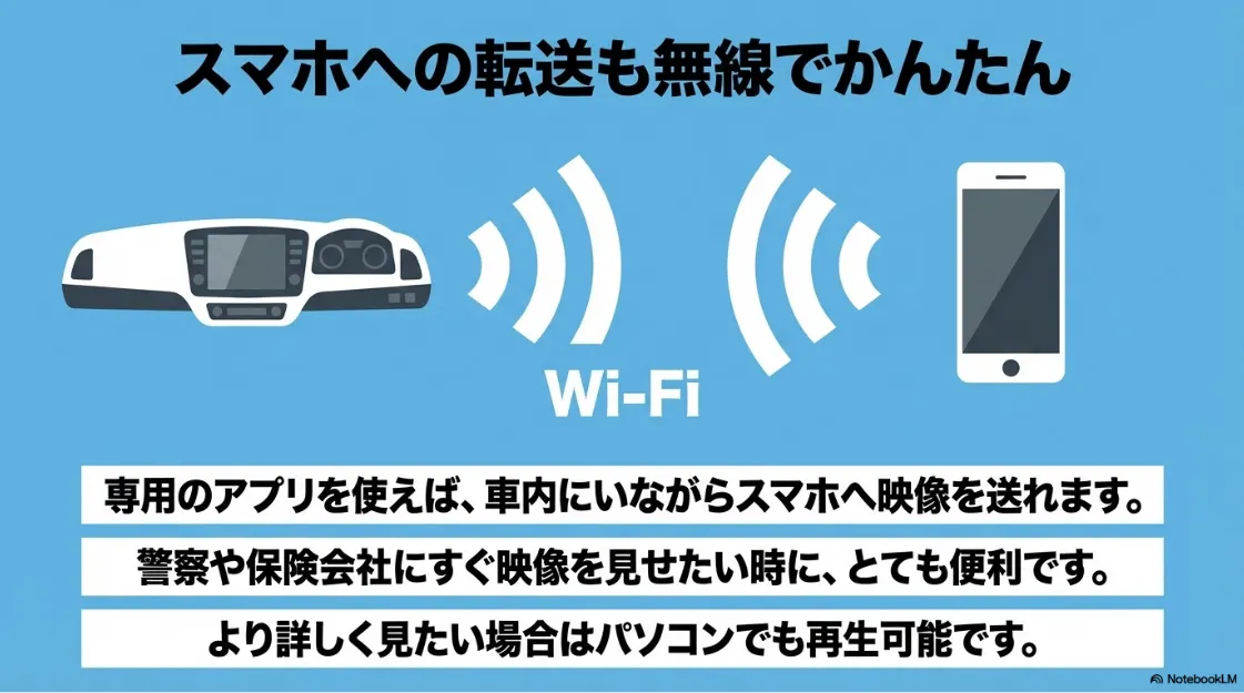 Wi-Fiを利用したスマホへの映像転送機能。専用アプリで車内からすぐに映像を送信でき、警察や保険会社への提示に便利です。