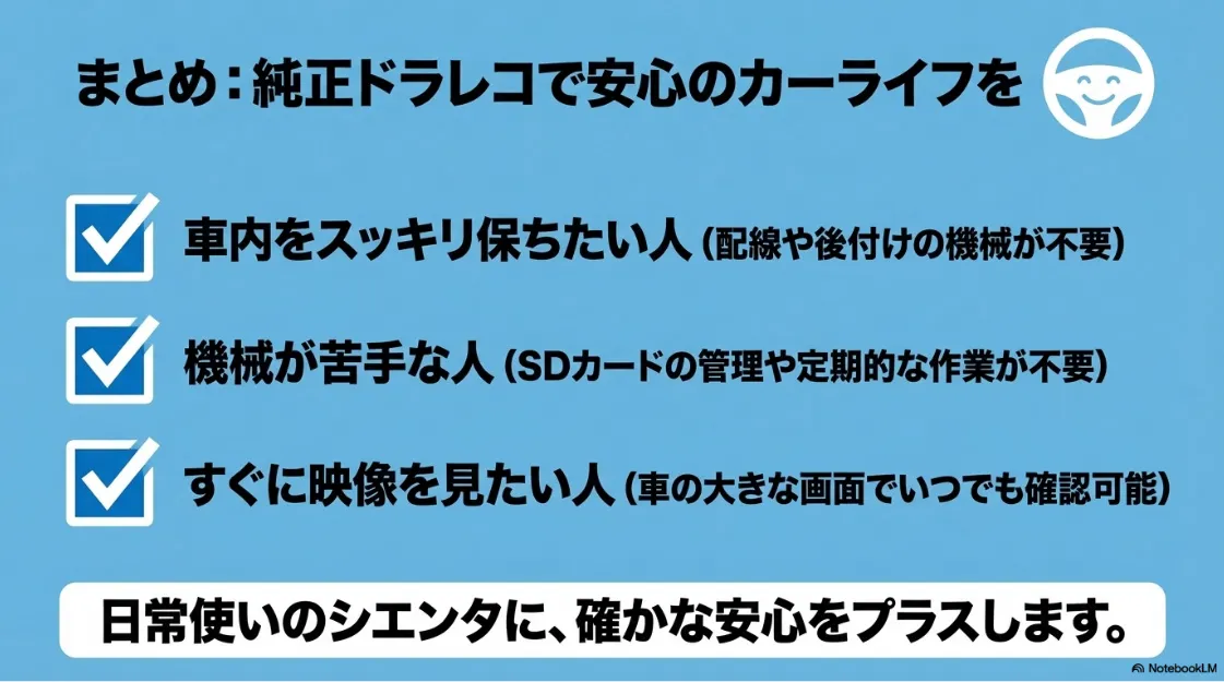 純正ドラレコが向いている人のまとめ。車内をスッキリさせたい人や、機械が苦手でメンテナンスを楽にしたい人に最適です。