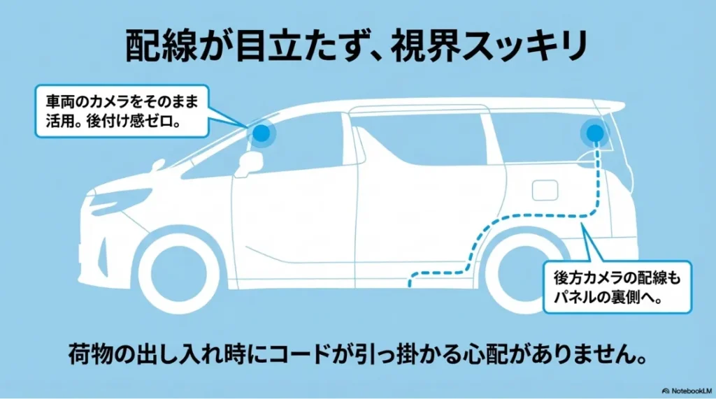 車両カメラを活用した配線が目立たない設計の図解。後方カメラの配線もパネル裏を通るため、荷物の出し入れで邪魔になりません。