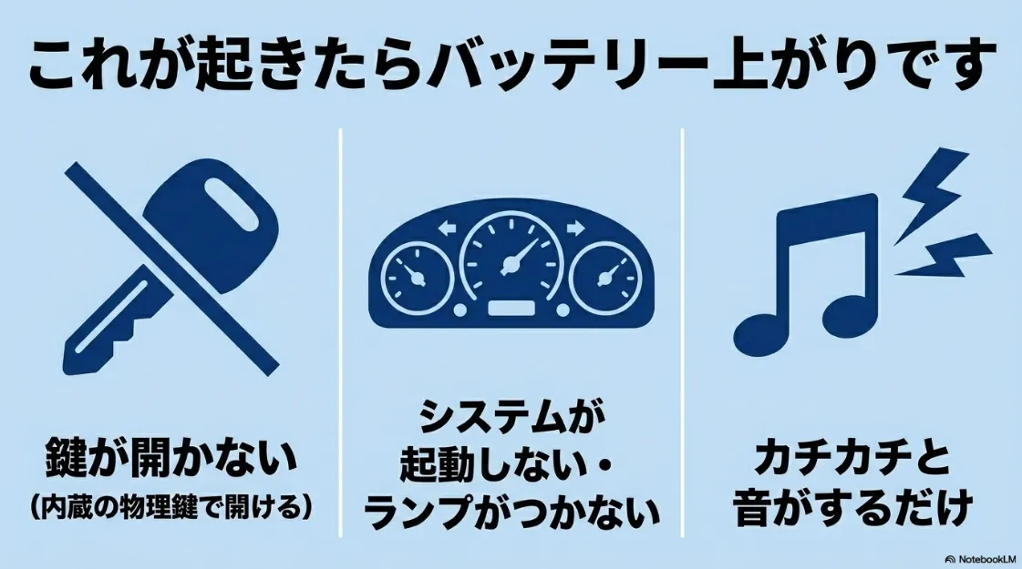 シエンタのバッテリー上がりの主な症状。システムが起動しない、カチカチ音がする、鍵が開かない（スマートキー反応なし）のアイコン。