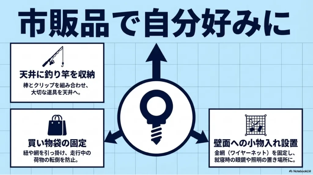 市販品を活用した釣り竿収納、買い物袋固定、壁面小物入れのDIYアイデア例