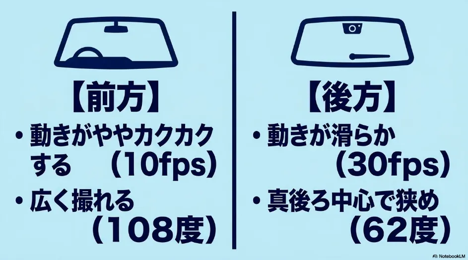 シエンタ純正ドライブレコーダーの前方10fps・水平画角108度と、後方30fps・水平画角62度を比較したスライド