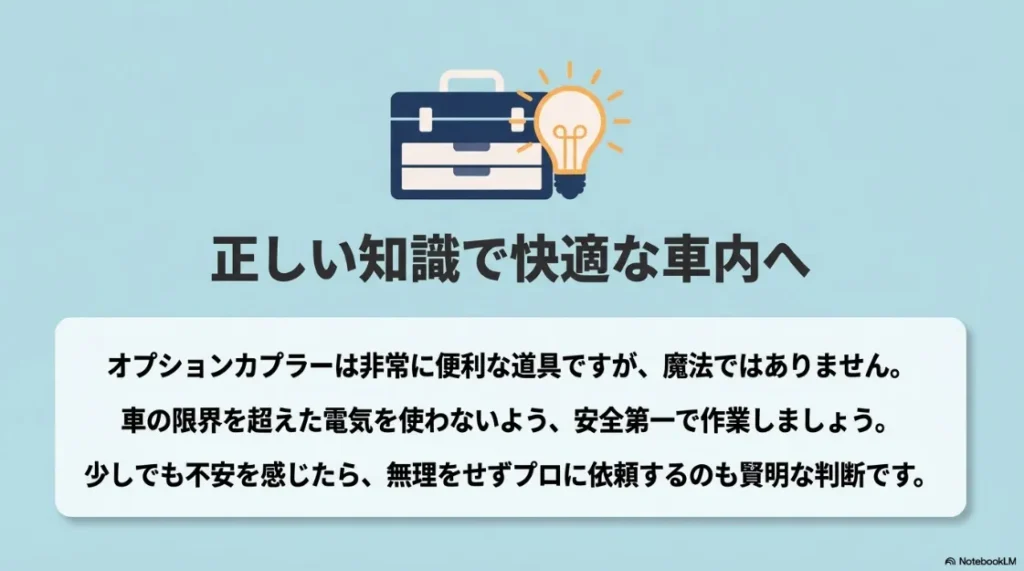 正しい知識で快適な車内を目指すためのまとめ。安全第一の作業と、不安な場合はプロに依頼する賢明な判断を推奨するメッセージ 。