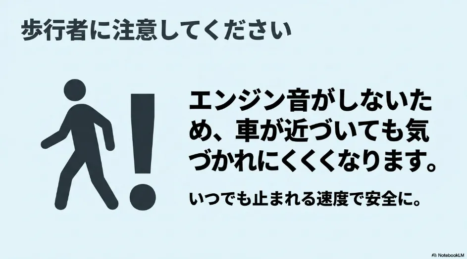 EVモード走行中はエンジン音が小さく、歩行者が車の接近に気付きにくいため注意が必要