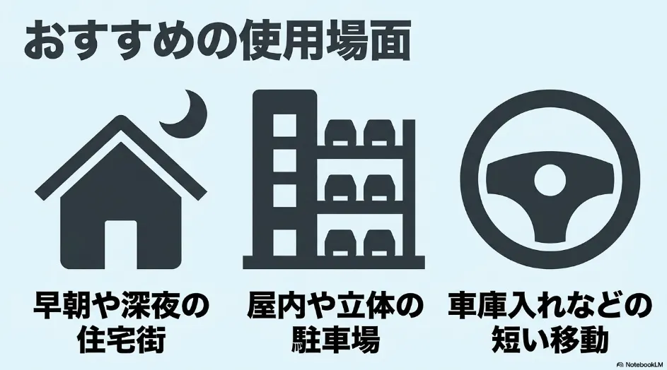 早朝や深夜の住宅街、屋内駐車場、車庫入れなどEVモードに適した使用場面