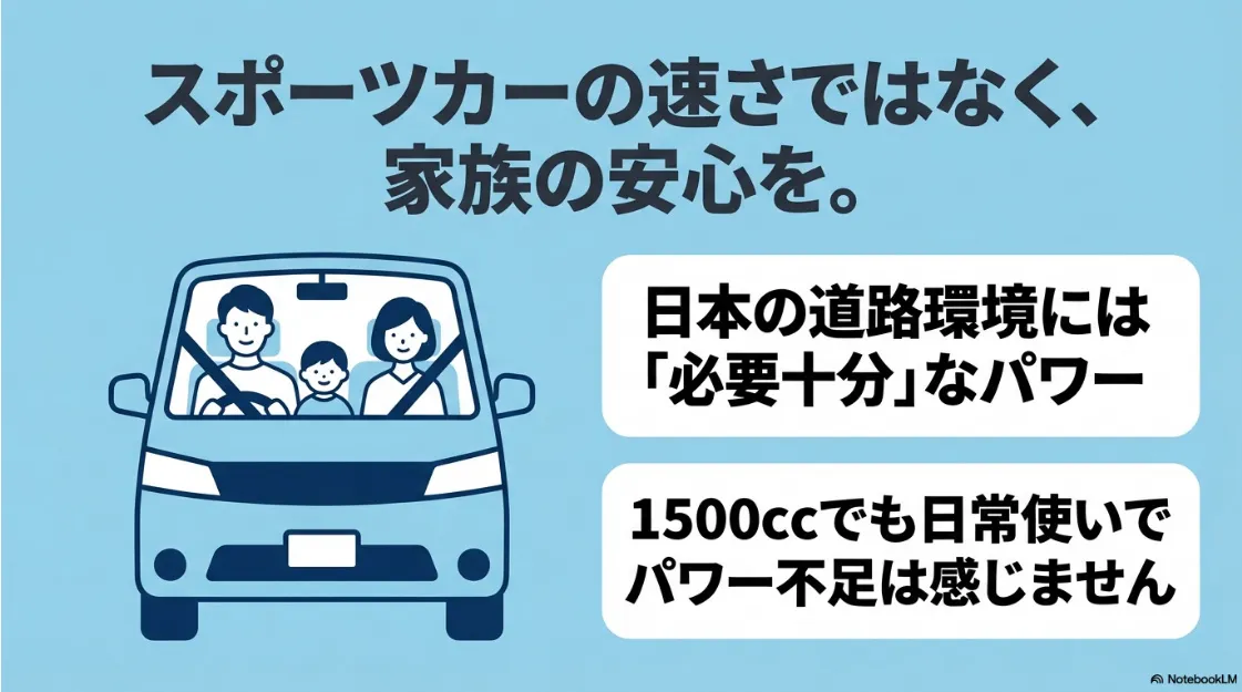 家族の安心と日本の道路環境に必要十分なパワーをコンセプトにしたイメージ画像