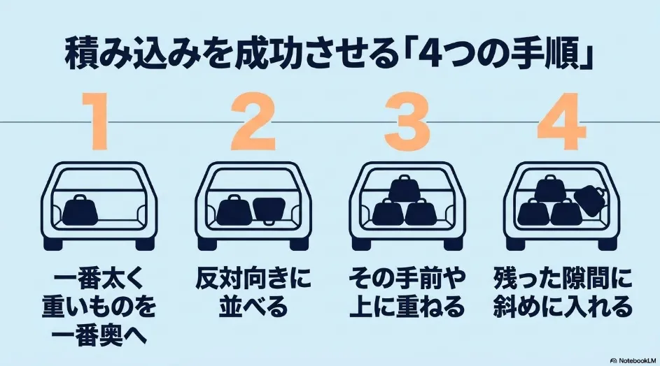 シエンタへゴルフバッグ4本を積む際の基本的な積み込み順序
