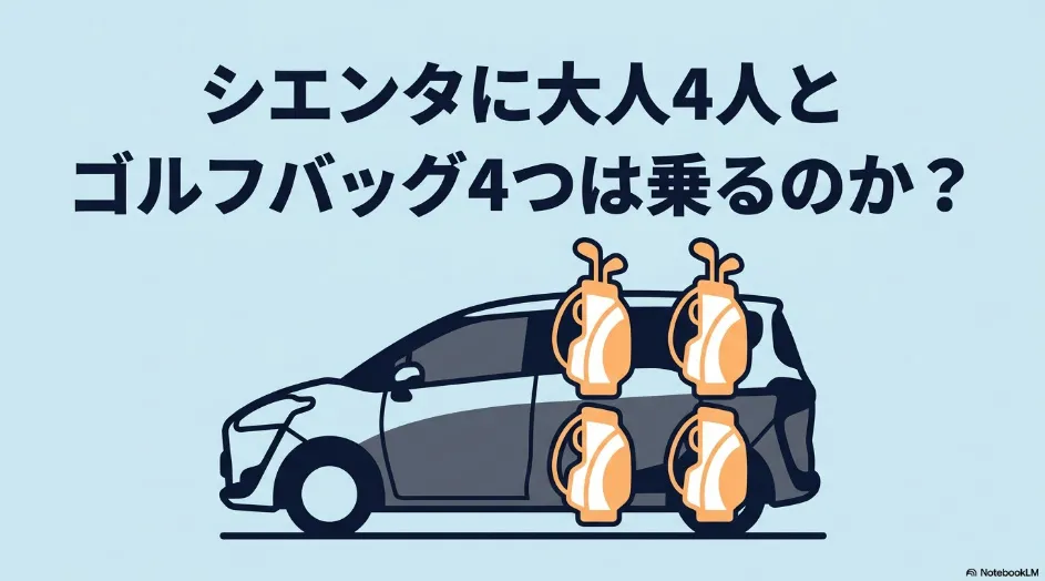 シエンタに大人4人が乗車しゴルフバッグ4本を積めるかを解説するスライド