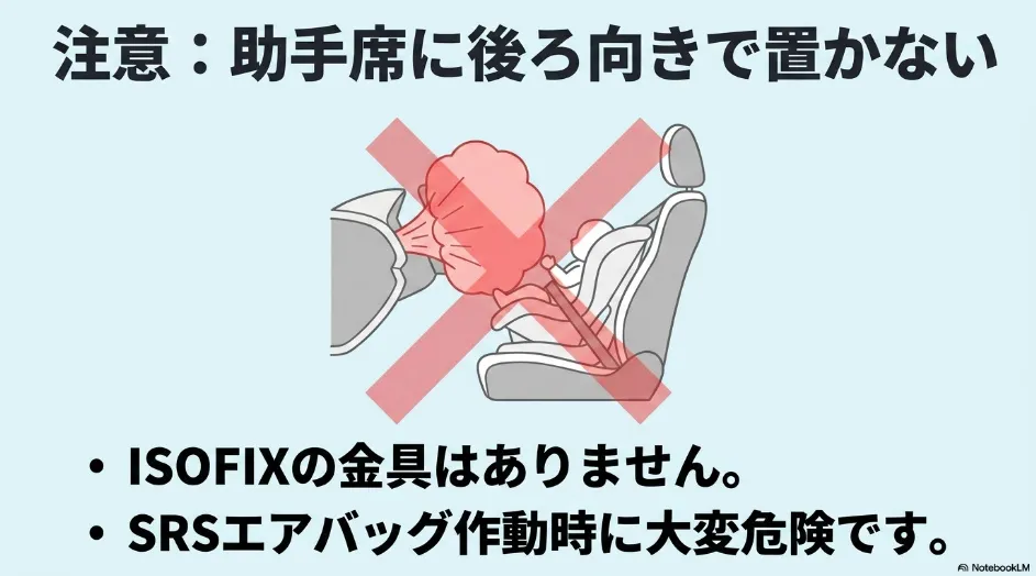 シエンタの助手席に後ろ向きチャイルドシートを設置するとSRSエアバッグ作動時に危険であることを示す注意図