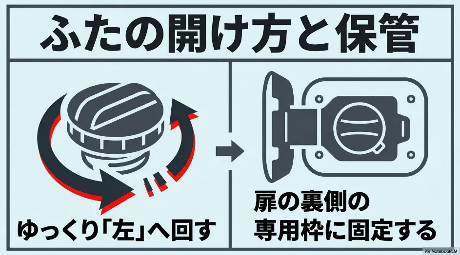 シエンタのフューエルキャップを左へ回して外し給油扉裏側のホルダーへ固定する方法