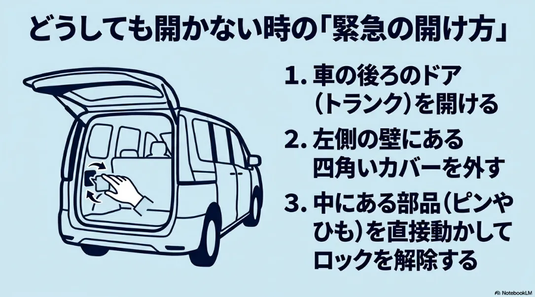 シエンタの給油口がどうしても開かない時はトランク左側のカバーを外してロックを解除する
