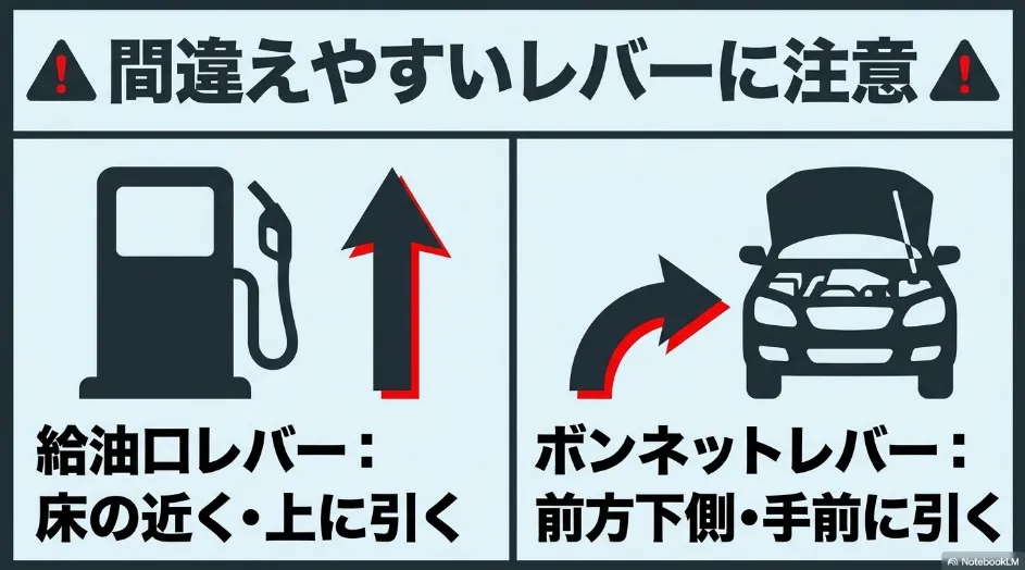 シエンタの給油口オープナーとボンネット解除レバーの位置と引く方向の違い
