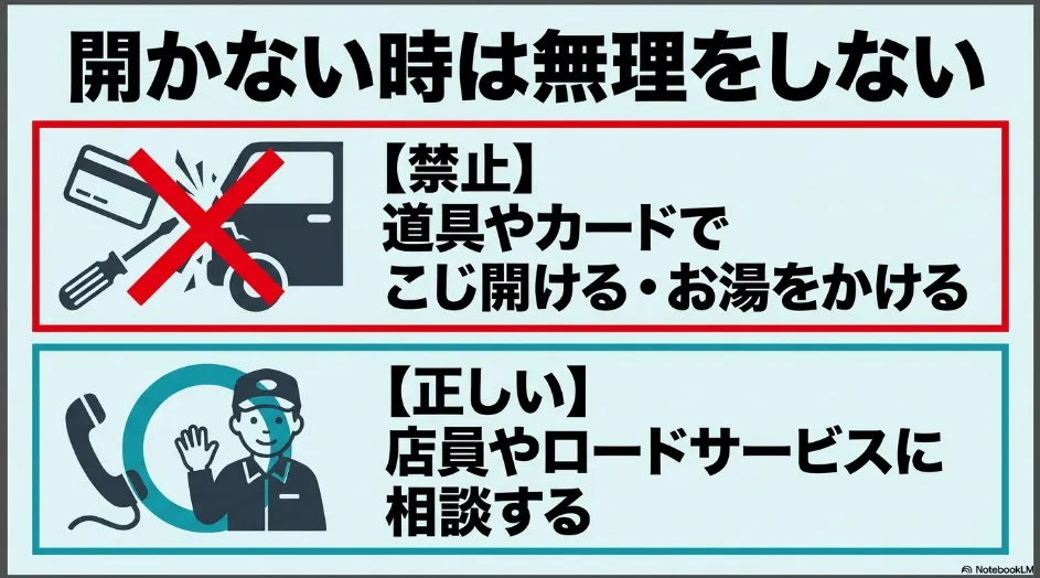シエンタの給油口が開かないときに工具やカードやお湯を使わず係員やロードサービスへ相談する案内