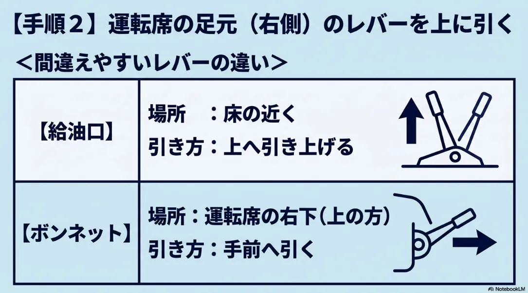 シエンタの給油手順2 運転席右下のレバーを上に引く（ボンネットレバーとの違い）