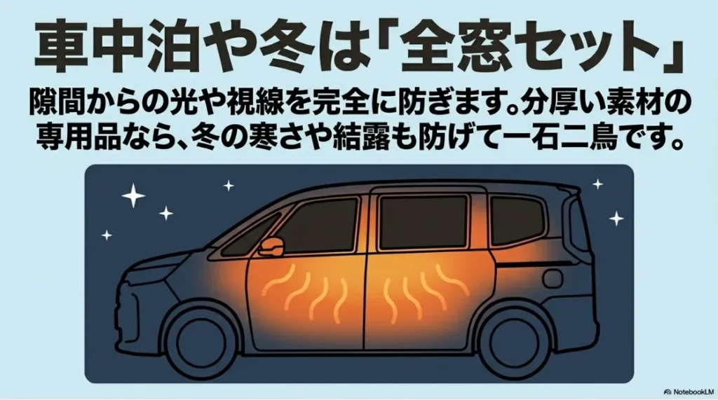 夜間の車中泊で隙間からの光や視線を完全に防ぐ全窓セットのイメージ図