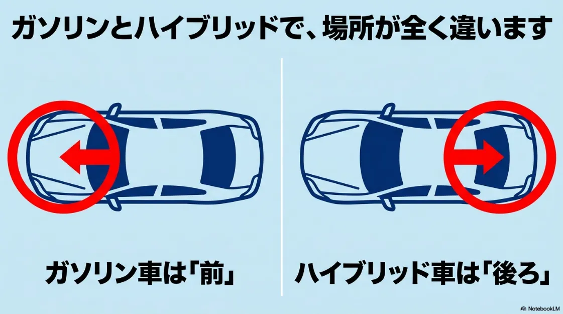 シエンタのガソリン車とハイブリッド車でのバッテリー位置の違い。ガソリン車は前（ボンネット内）、ハイブリッド車は後ろ（荷室）を示すイラスト。