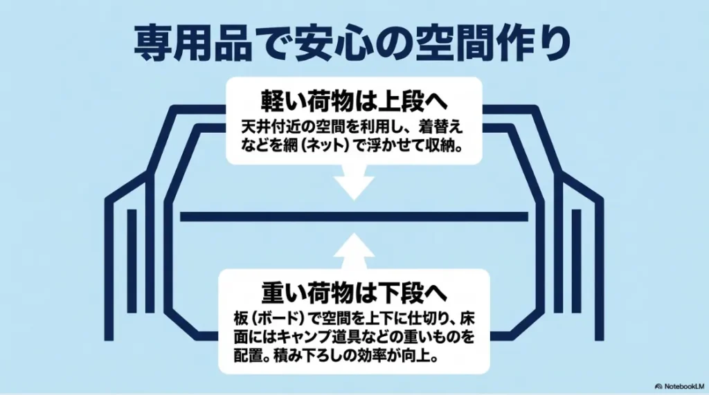 純正アクセサリーのネットやボードを使用した荷室の上下分割収納イメージ
