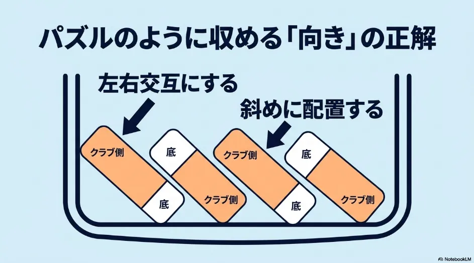 シエンタの荷室へゴルフバッグ4本を左右交互かつ斜めに積む配置例
