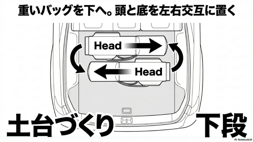 重いバッグを下段（土台）に置き、バッグの頭と底を左右交互に配置する「互い違い」の積み方のコツ